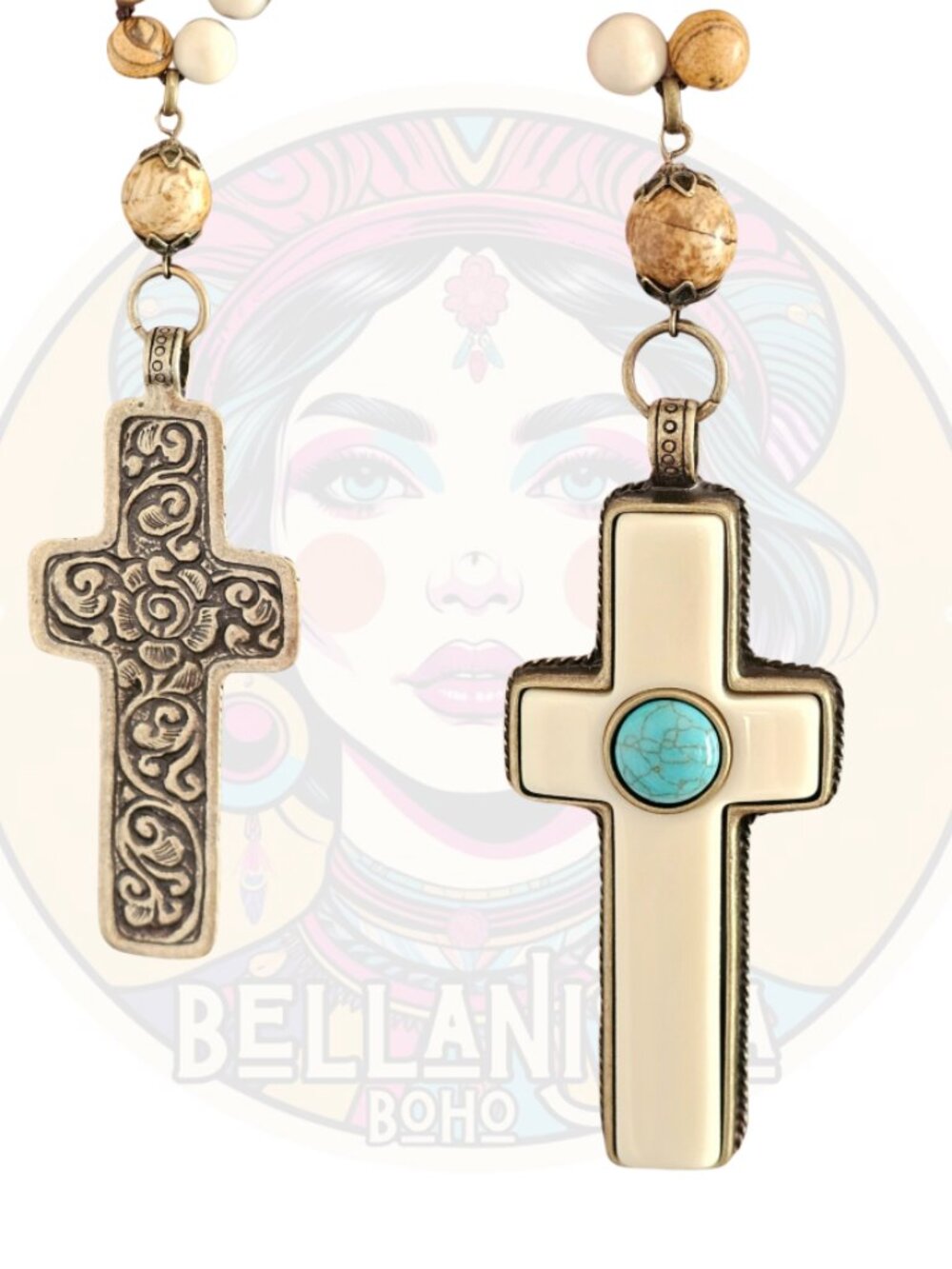 Natural Stone Beaded Long Necklace Vegan Ivory Turquoise Cross Pendant